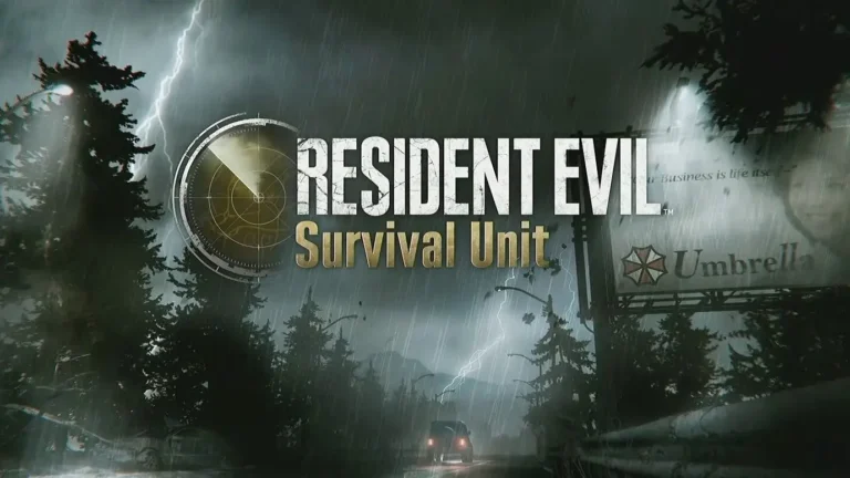 Resident-Evil-Survival-Unit-promo-image-showing-a-car-driving-down-a-road-during-a-storm.-On-one-side-is-a-sign-for-Umbrella.
